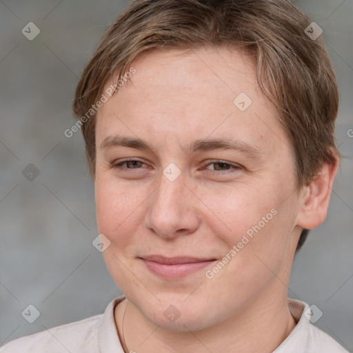 Joyful white young-adult female with short  brown hair and brown eyes