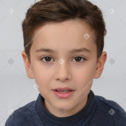 Joyful white child female with short  brown hair and brown eyes