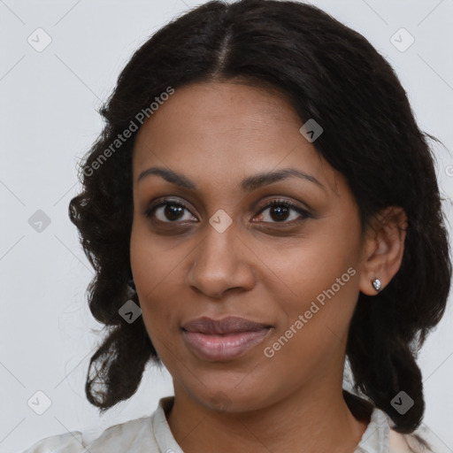 Joyful black young-adult female with medium  brown hair and brown eyes