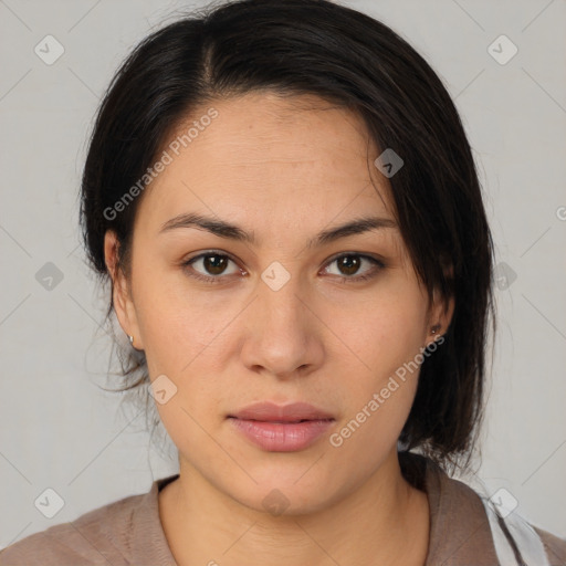 Neutral latino young-adult female with medium  brown hair and brown eyes