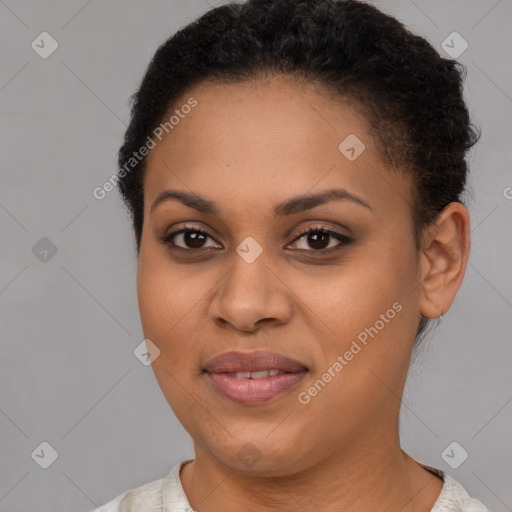 Joyful latino young-adult female with short  brown hair and brown eyes