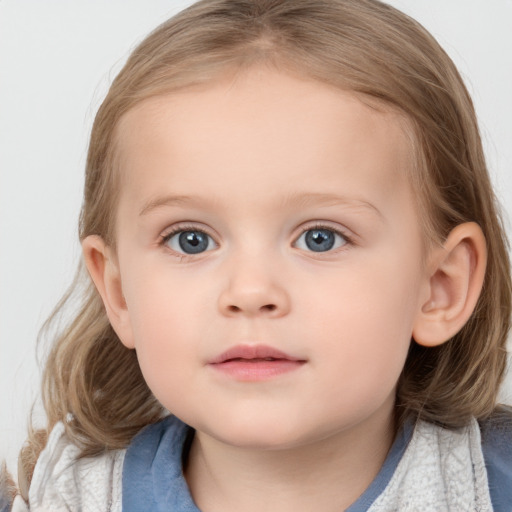 Neutral white child female with medium  brown hair and blue eyes