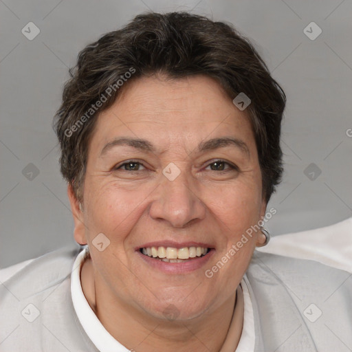 Joyful white adult female with short  brown hair and brown eyes