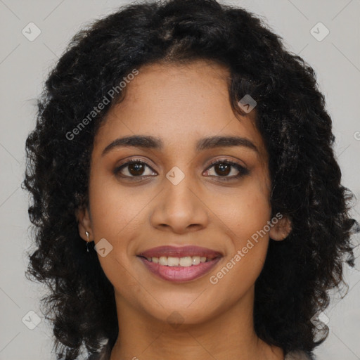 Joyful latino young-adult female with long  black hair and brown eyes