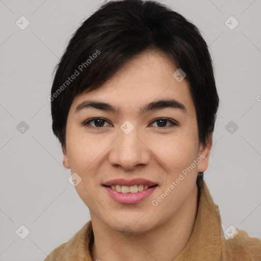 Joyful asian young-adult female with short  black hair and brown eyes