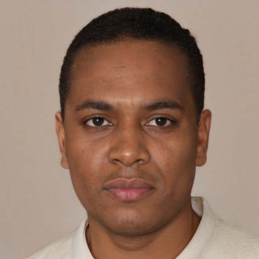 Neutral black young-adult male with short  black hair and brown eyes