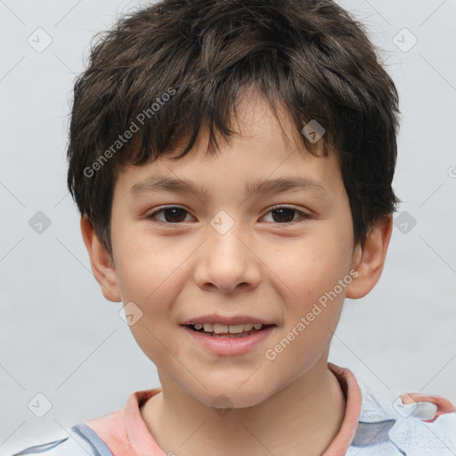 Joyful white child male with short  brown hair and brown eyes