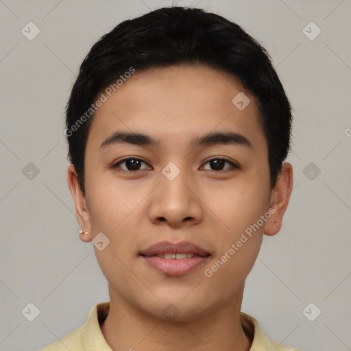 Neutral asian young-adult male with short  black hair and brown eyes