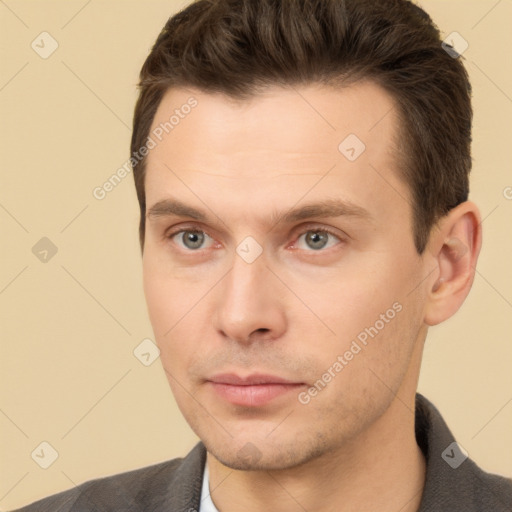 Neutral white young-adult male with short  brown hair and brown eyes