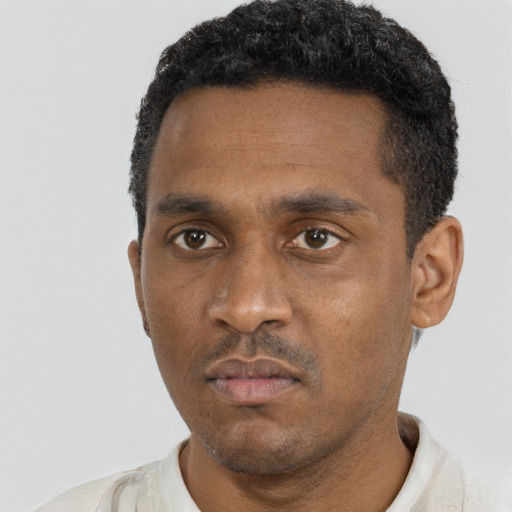 Neutral black young-adult male with short  black hair and brown eyes