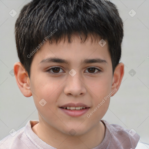 Joyful white child male with short  brown hair and brown eyes