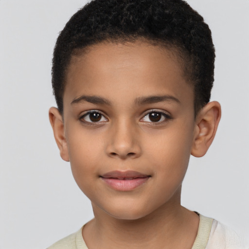 Joyful latino child female with short  brown hair and brown eyes