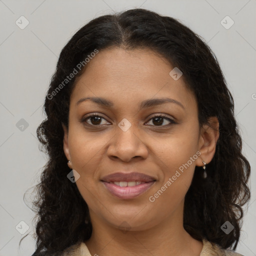 Joyful black young-adult female with medium  brown hair and brown eyes