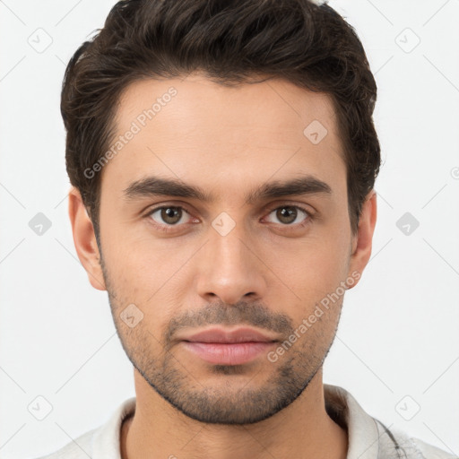 Neutral white young-adult male with short  brown hair and brown eyes