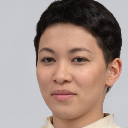 Joyful asian young-adult female with short  brown hair and brown eyes