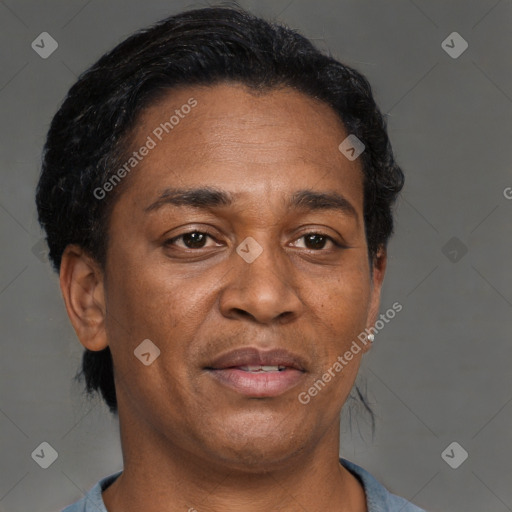 Joyful black adult male with short  brown hair and brown eyes