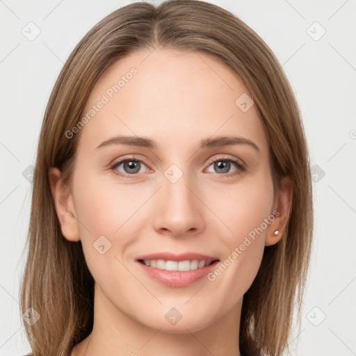 Joyful white young-adult female with long  brown hair and grey eyes