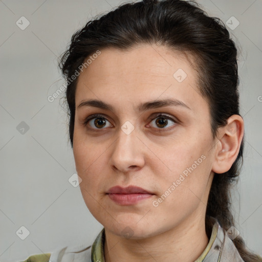 Neutral white young-adult female with medium  brown hair and brown eyes