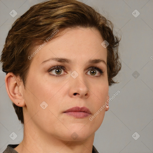 Neutral white young-adult female with short  brown hair and brown eyes