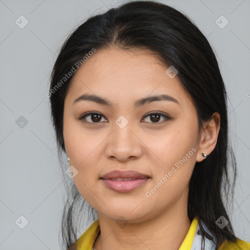 Joyful asian young-adult female with medium  black hair and brown eyes