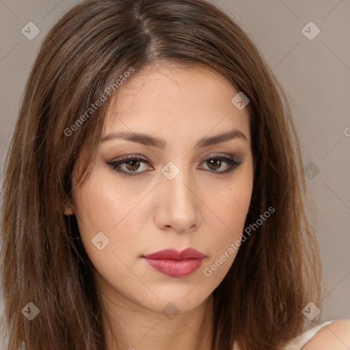 Neutral white young-adult female with long  brown hair and brown eyes