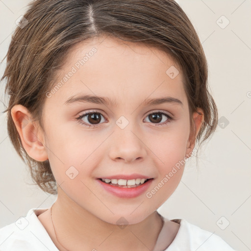 Joyful white child female with medium  brown hair and brown eyes