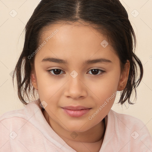 Joyful white child female with medium  brown hair and brown eyes