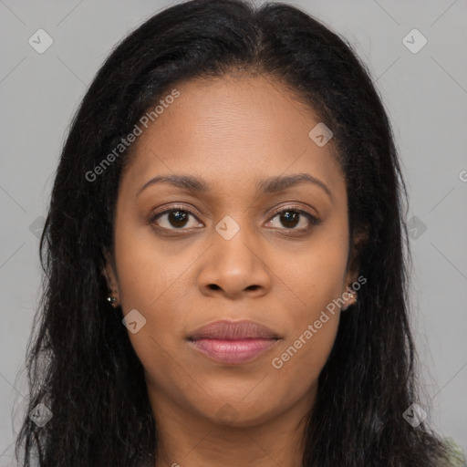 Joyful asian young-adult female with long  brown hair and brown eyes