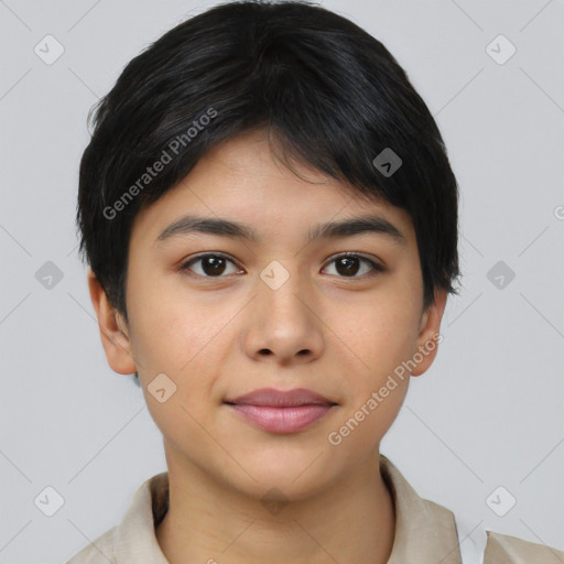 Joyful asian young-adult female with short  black hair and brown eyes