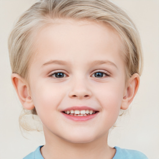 Joyful white child female with medium  brown hair and blue eyes