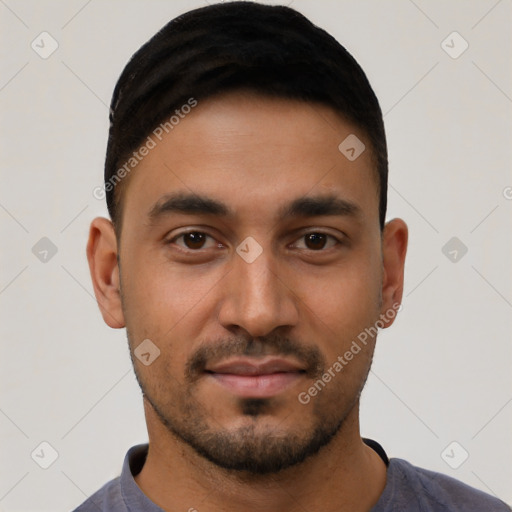 Neutral latino young-adult male with short  black hair and brown eyes