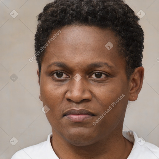 Joyful black adult female with short  brown hair and brown eyes