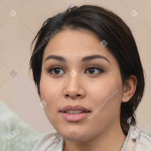 Neutral asian young-adult female with medium  black hair and brown eyes