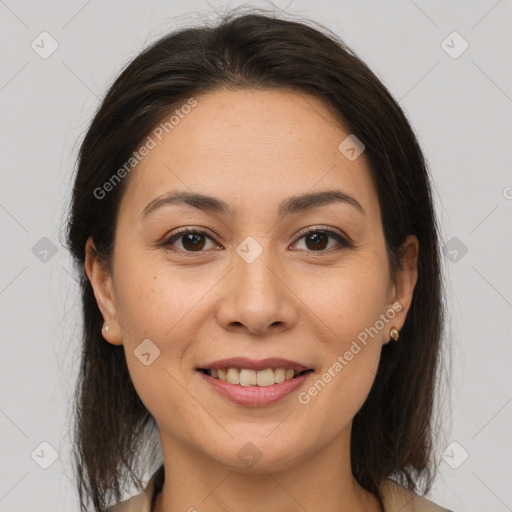 Joyful white young-adult female with medium  brown hair and brown eyes