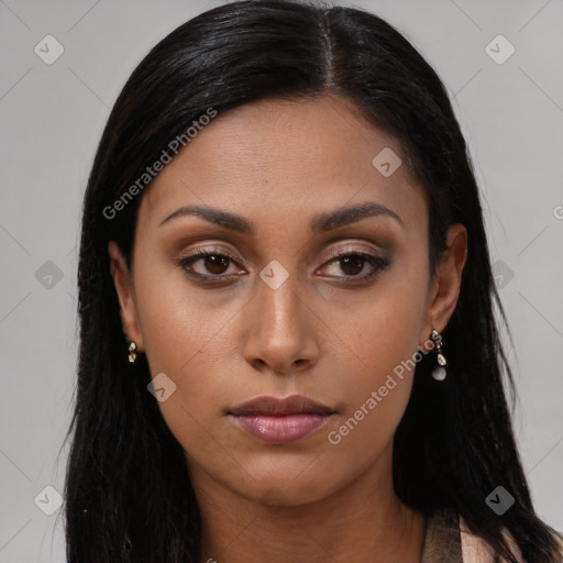 Neutral asian young-adult female with long  brown hair and brown eyes