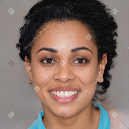 Joyful latino young-adult female with short  black hair and brown eyes