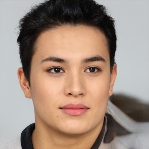 Joyful asian young-adult female with short  brown hair and brown eyes