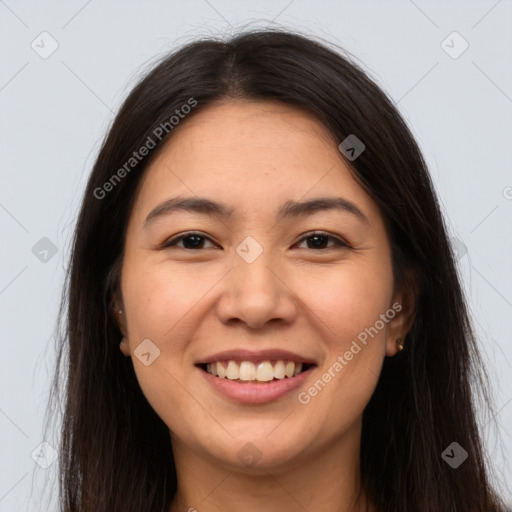 Joyful white young-adult female with long  brown hair and brown eyes