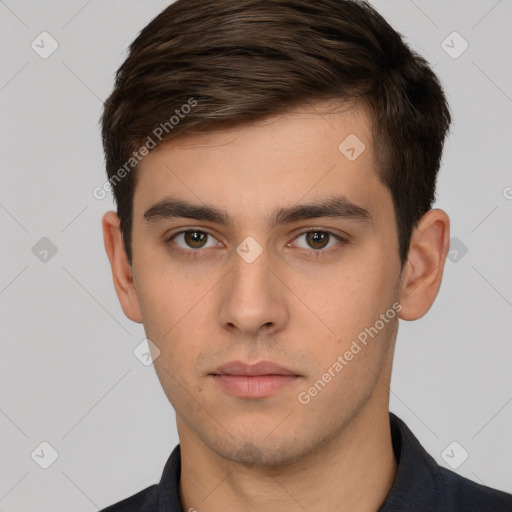 Neutral white young-adult male with short  brown hair and brown eyes