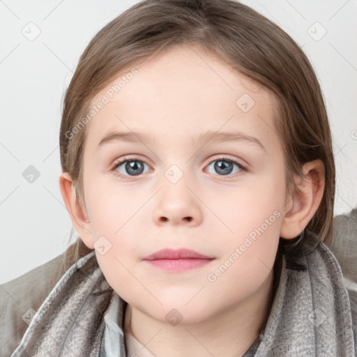 Neutral white child female with medium  brown hair and blue eyes