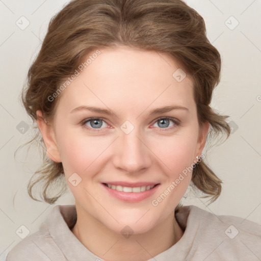 Joyful white young-adult female with medium  brown hair and blue eyes