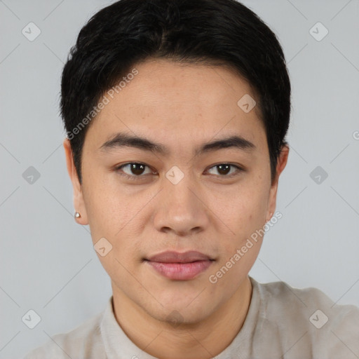 Joyful white young-adult male with short  black hair and brown eyes