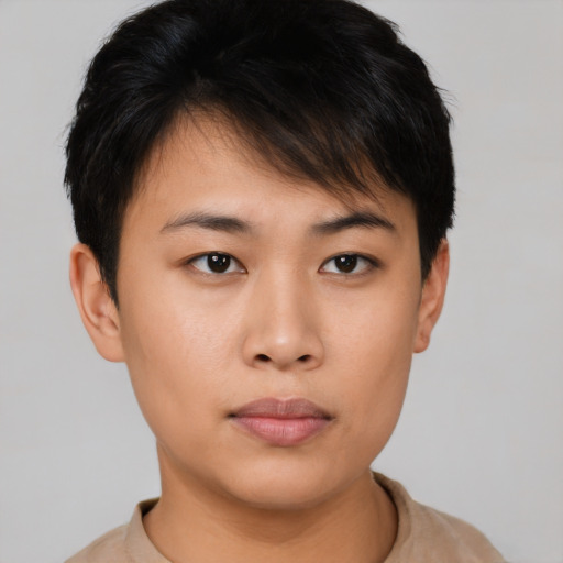 Neutral asian young-adult female with short  brown hair and brown eyes