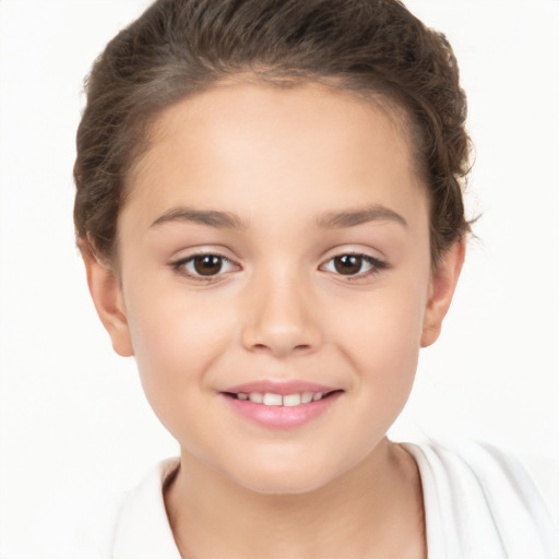 Joyful white child female with short  brown hair and brown eyes