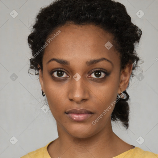 Neutral black young-adult female with short  black hair and brown eyes