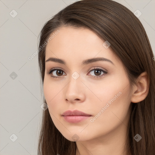 Neutral white young-adult female with long  brown hair and brown eyes