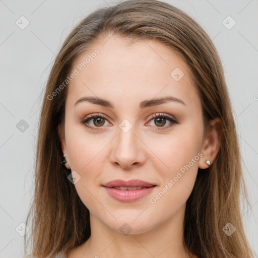 Joyful white young-adult female with long  brown hair and grey eyes