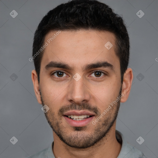 Joyful white young-adult male with short  black hair and brown eyes