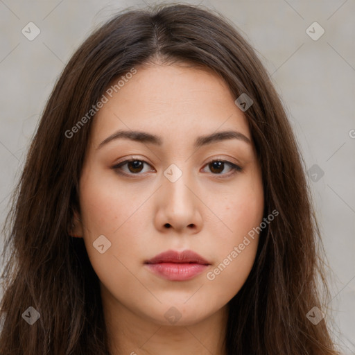 Neutral white young-adult female with long  brown hair and brown eyes