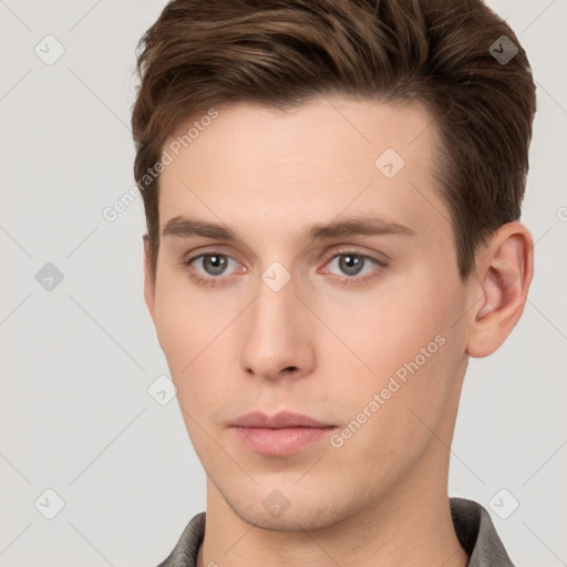 Neutral white young-adult male with short  brown hair and brown eyes